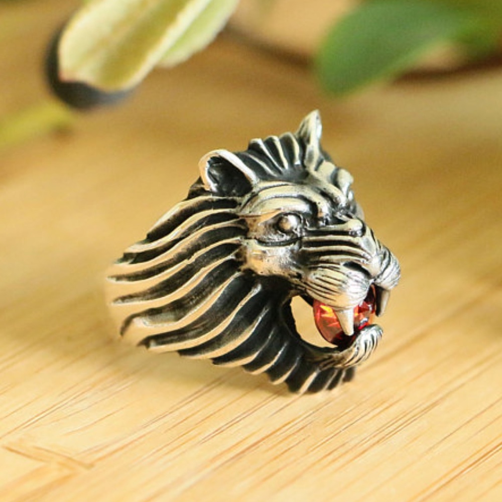 Men's Silver Lion Head Ring with Red Stone Accent